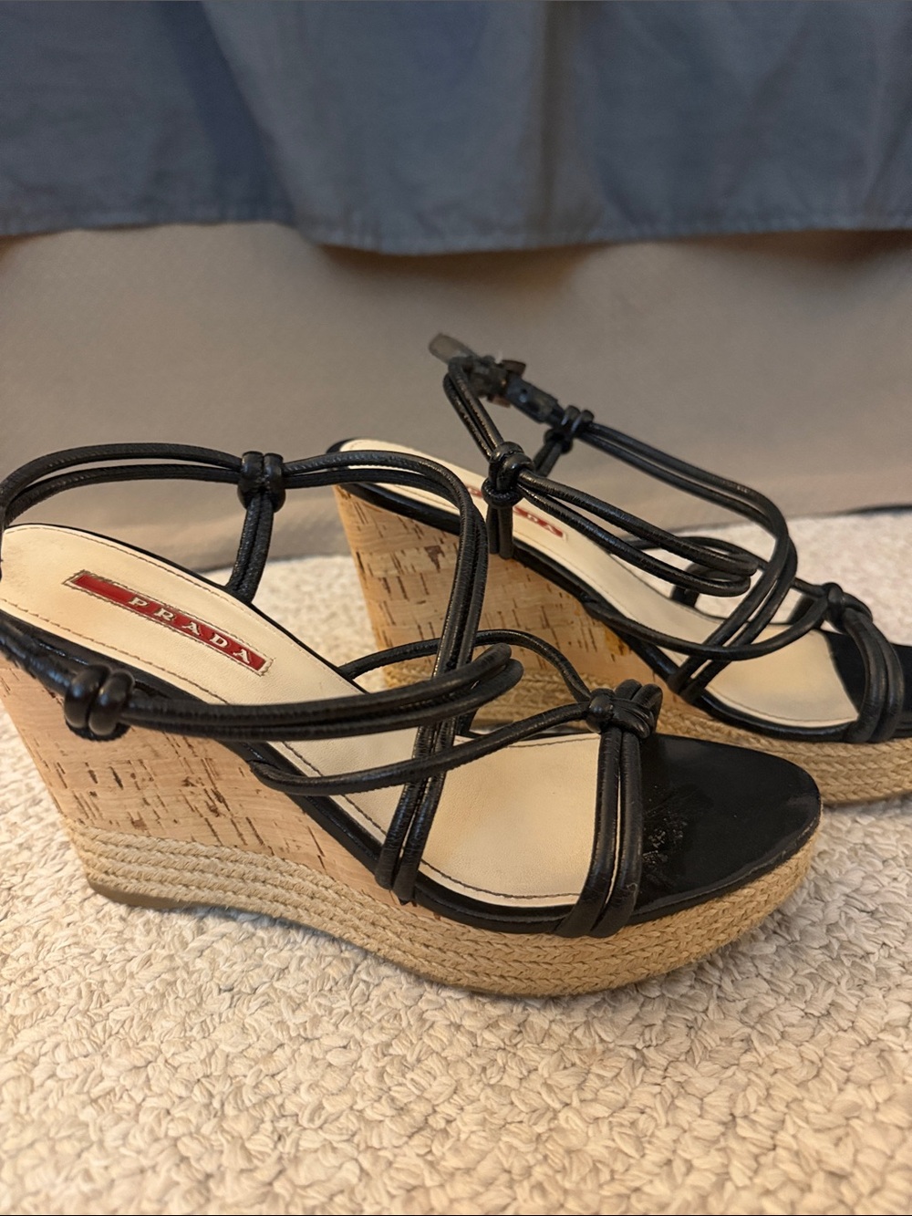 Prada Black Leather Strappy Espadrille Wedge Sandals - Picture 2 of 5